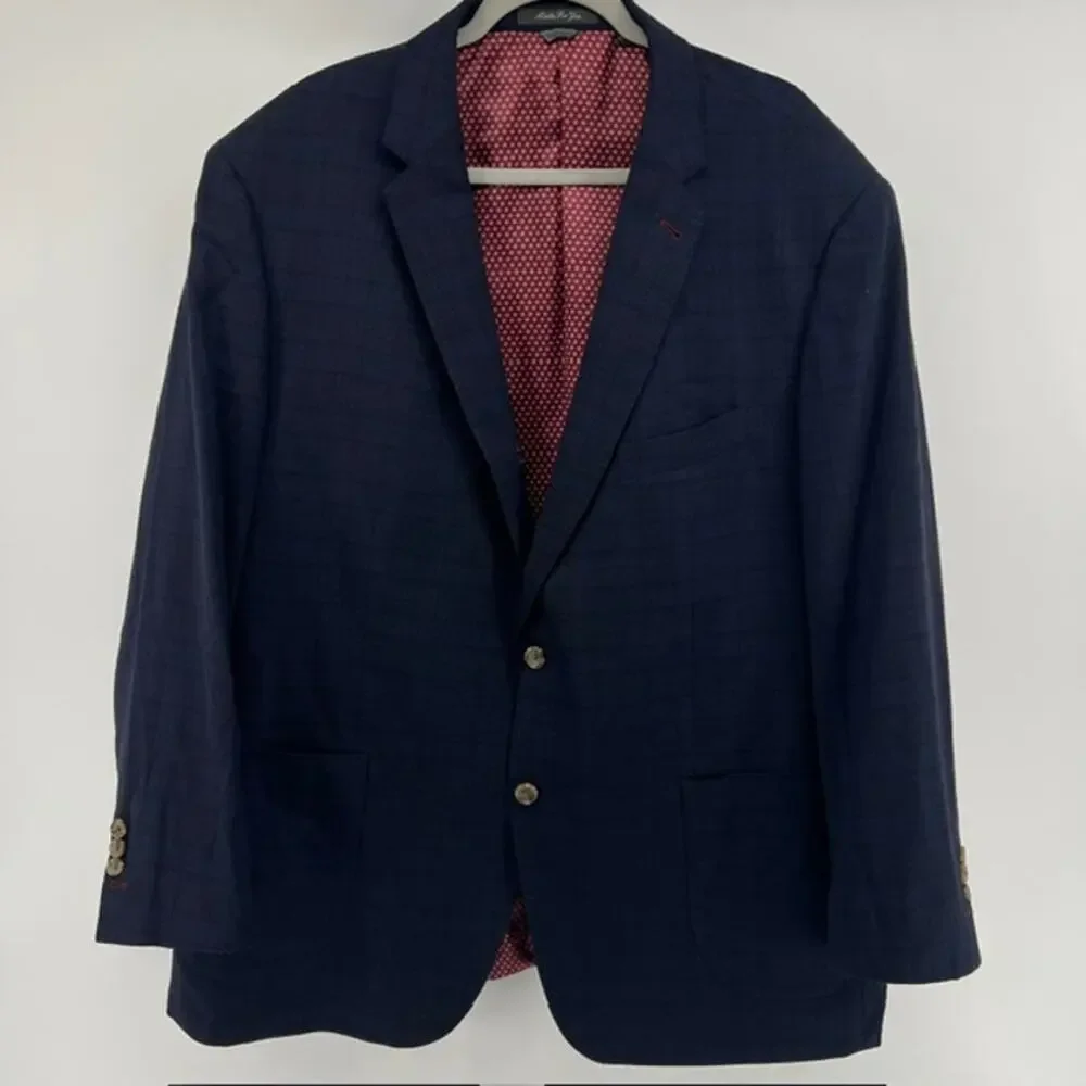 Indochino Wool Sport Coat Mens 50R Bespoke Blue Windowpane Plaid Double Vent